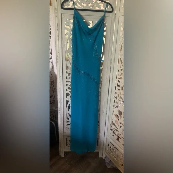 green emerald velvet dress Poly USA 9410 Applique Sleeveless Layered Slit Gown